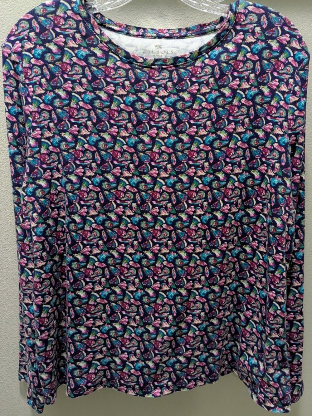 Talbots Long Sleeve Pima Cotton Crewneck Tee Multicolor Feather Print XLP